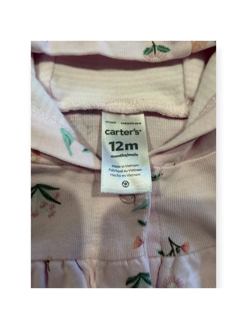 Carter's Baby Girl 3-Piece Outfit Set - Pink Floral Hoodie - Size 12 Months